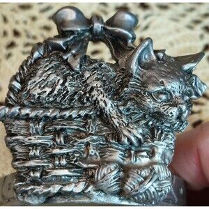 Pewter Cat Kitten in a Basket Votive Tea Light Candle Holder